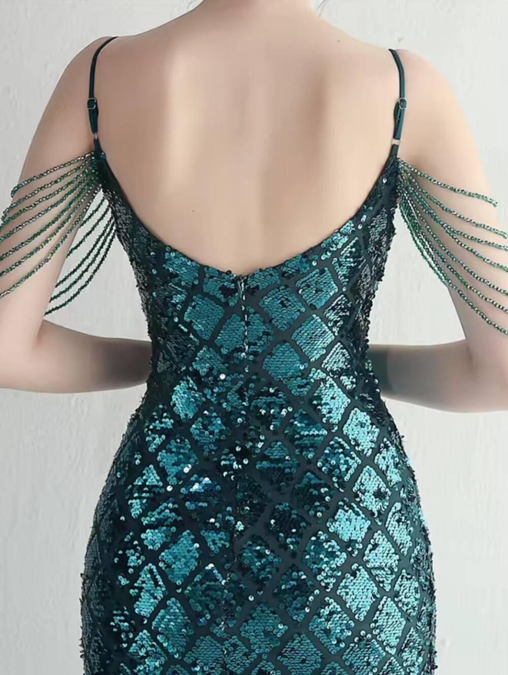 Emerald Sequin V-Neck Evening Gown with Thigh Slit - Picture 7 of 15